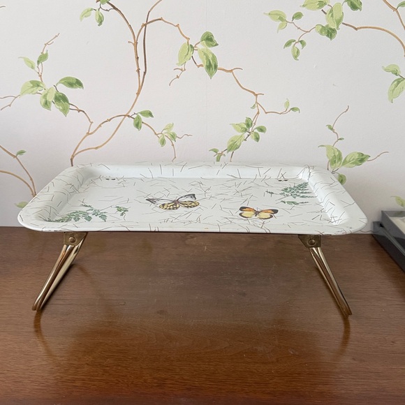 Vintage 70s Butterfly Fern Metal TV Lap Bed Tray with Foldable Legs - Picture 8 of 10